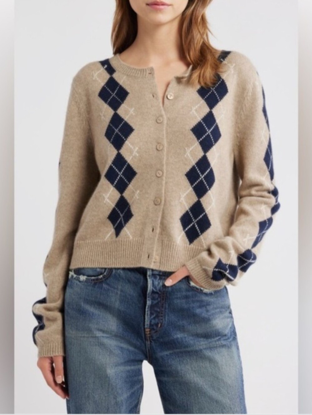 Reformation Clara Cashmere Cardigan Oatmeal Navy Argyle